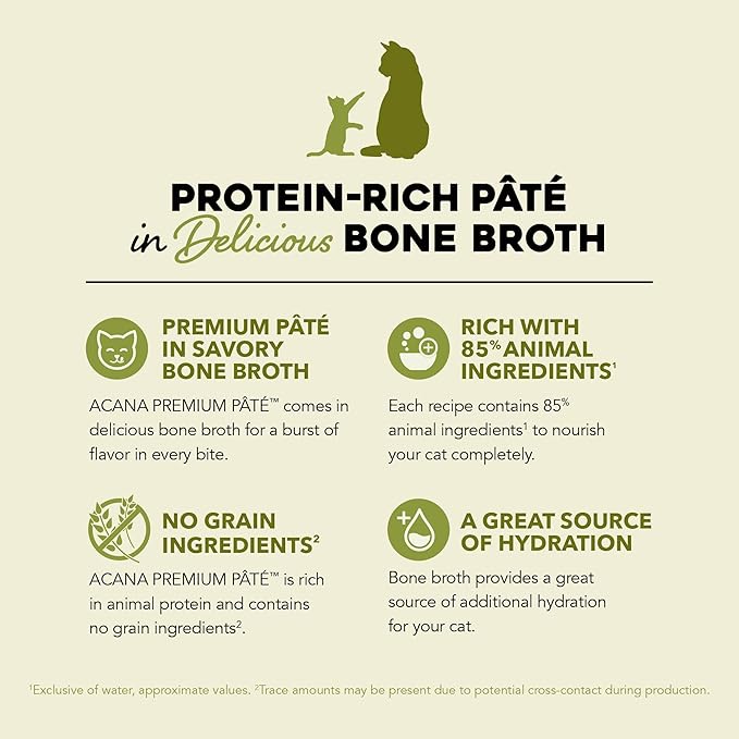 ACANA Premium Pate Wet Cat Food in Bone Broth Variety Pack: Beef Chicken & Tuna + Lamb 3oz Cans (12 Count, 6 of Each)