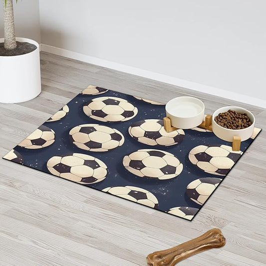 Football Soccer Dog Food Mat for Floors Absorbent, Quick Dry Water Dispenser Mat for Food, Water, Pet Supplies 16" x 24", Sports Game