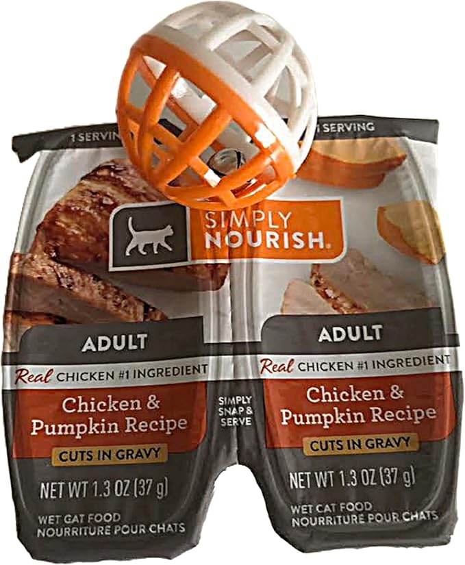 SIMPLY NOURISH Adult Cat Food Cuts in Gravy. 6 Split-Packs of 2 Individual Servings. 2.65 OZ Each. Plus Cat Toy Will Vary (Chicken & Pumpkin Recipe)