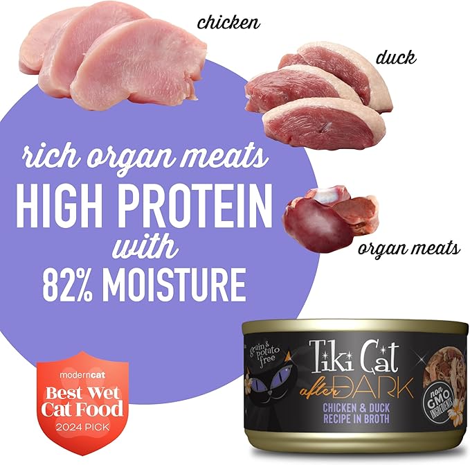 Tiki Cat After Dark, Chicken & Duck, High-Protein and 100% Non-GMO Ingredients, Wet Cat Food for Adult Cats, 2.8 oz. Can (12 Count)