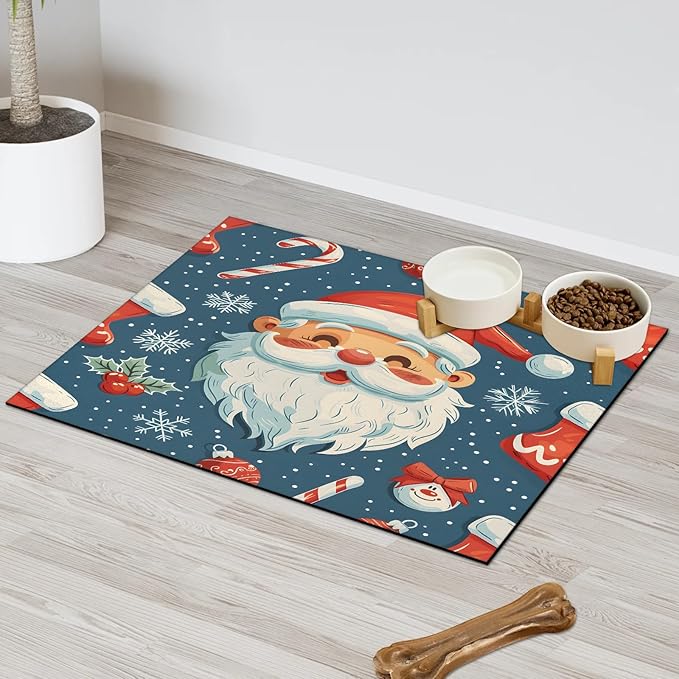 Santa Claus Dog Food Mat for Floors Absorbent, Quick Dry Water Dispenser Mat for Food, Water, Pet Supplies 16" x 24", Christmas Holly