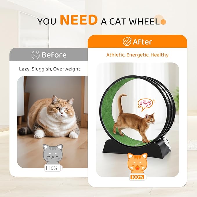 VINGLI Cat Exercise Wheel, 31" Cat Treadmill for Indoor Cats, Cat Running Wheel with Carpeted Runway for Weight Loss & Daily Exercise (Black)