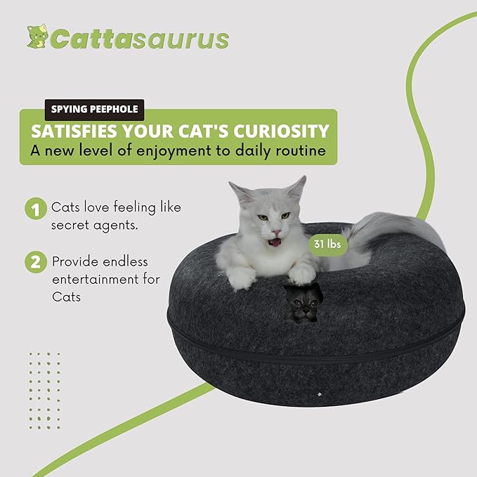 Cattasaurus Peekaboo Cat Cave Duo Jumbo Set, Extra Spacious Cat Donut for Multiple & Large Kitty 15+ lbs, Scratch Detachable Cat Beds for Indoor Cats, Washable Cat Tunnel Bed, Best Kitten Toys