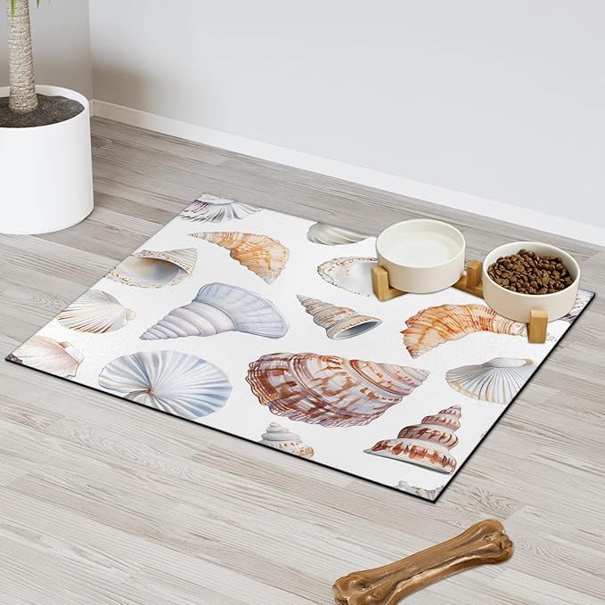 Tropical Seashell Dog Food Mat for Floors Absorbent Dog Bowl Mat for Food and Water Dispenser Quick Dry Cat Food Placemat Pet Supplies 12" x 20", Nautical Coastal