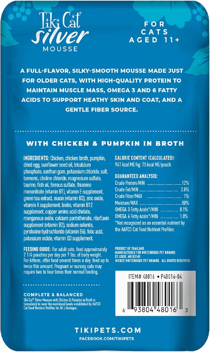 TIki Cat Silver Mousse, With Chicken & Pumpkin In Broth, Silky Smooth Nutrient Rich Formulated for Older Cats Aged 11+, 2.9 oz. Pouch (12 Count)