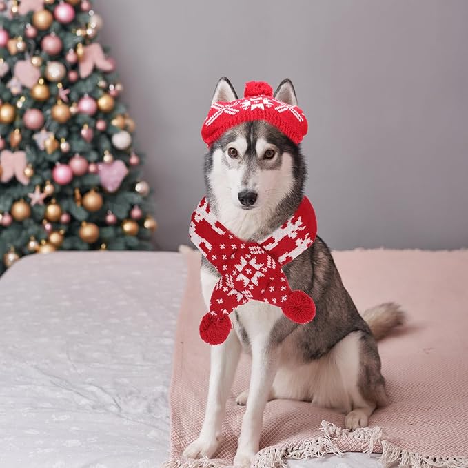 Pet Hat and Scarf Set for Dogs, Knitted Christmas Winter Warm Red Snowflake Reindeer Design, Large Size, Holiday Costume Supplies for Puppies and Small Dogs