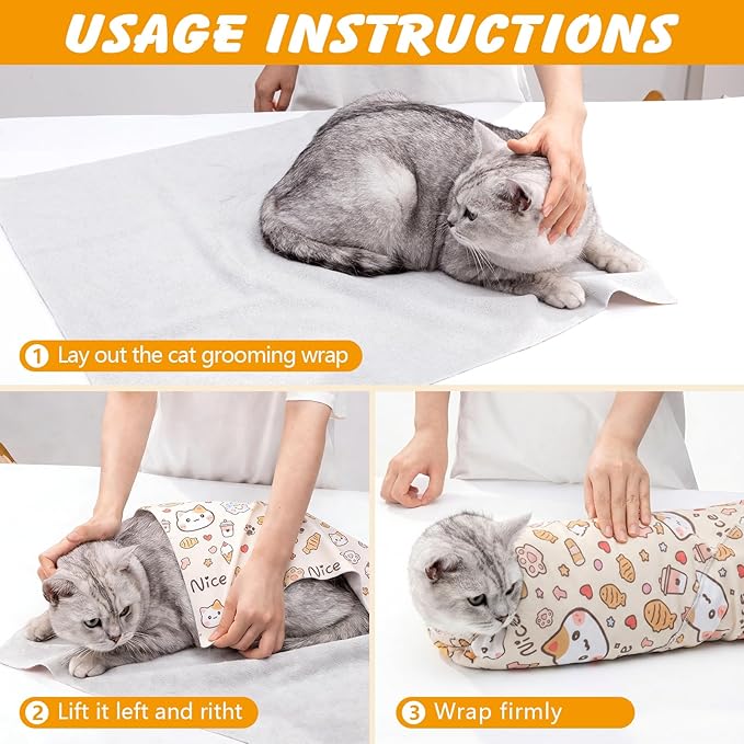 35.5 in Extra Large for Cutting Nails, Self-Adhesive Cat Grooming Wrap Orange Anti-Escape Cat Restraint for Nail Clipping Cat Swaddle Wrap Cat Wrapping Cloth for Pet Cleaning and Beauty