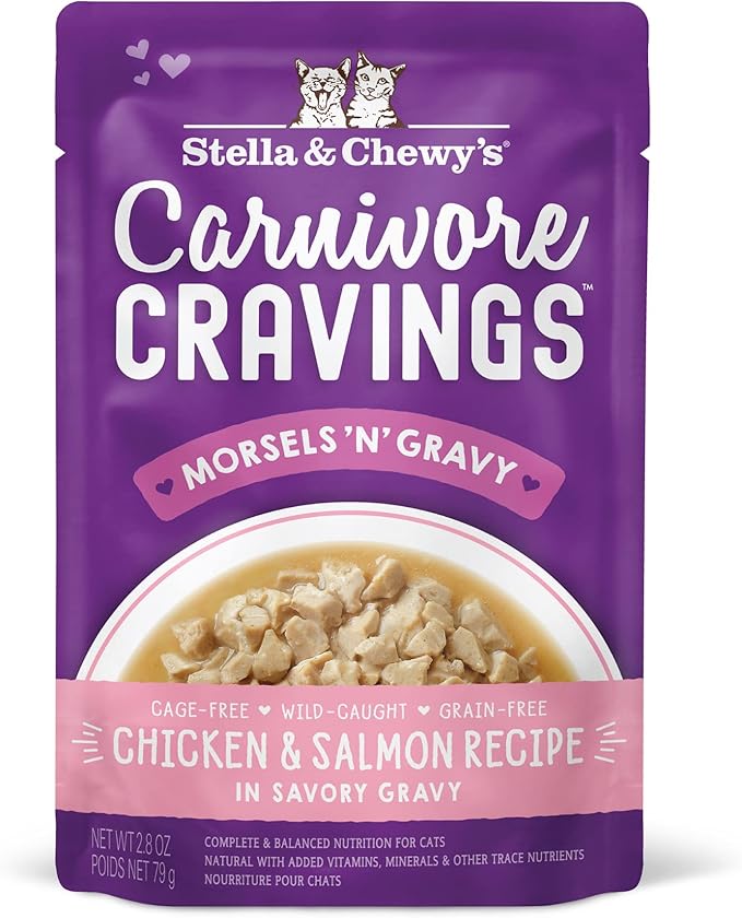 Stella & Chewy's Carnivore Cravings Wet Cat Food Pouches - Premium Chicken & Salmon Recipe - Grain-Free Morsels & Gravy - Perfect for Picky Eaters - Complete Meal or Topper - 2.8oz, 12-Pack