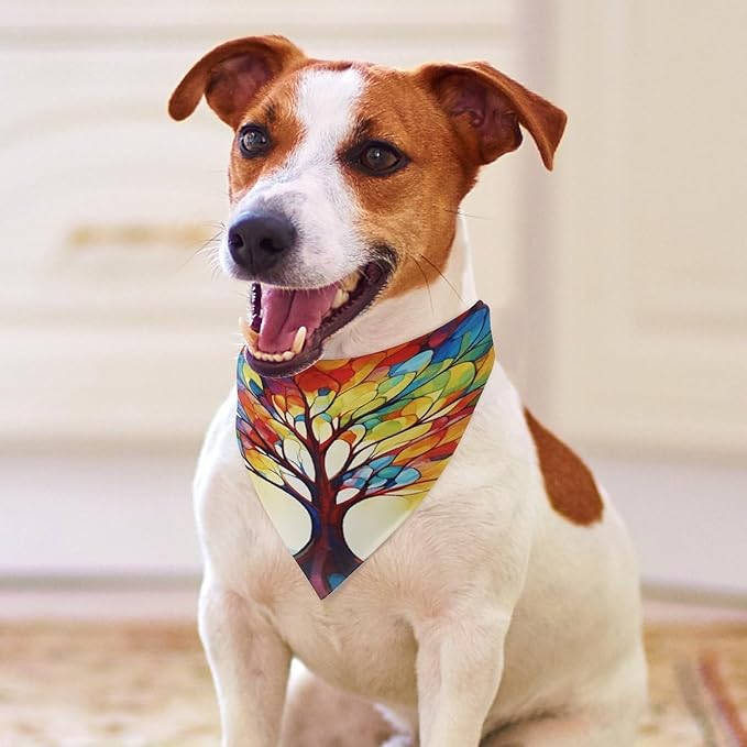 Dog Bandana Spring Pet Scarf Adjustable Triangle Colorful Tree of Life Printing Dog Bib Washable Polyester Puppy Bandana for Small Medium Large Dogs Cat Birthday Party Supplies