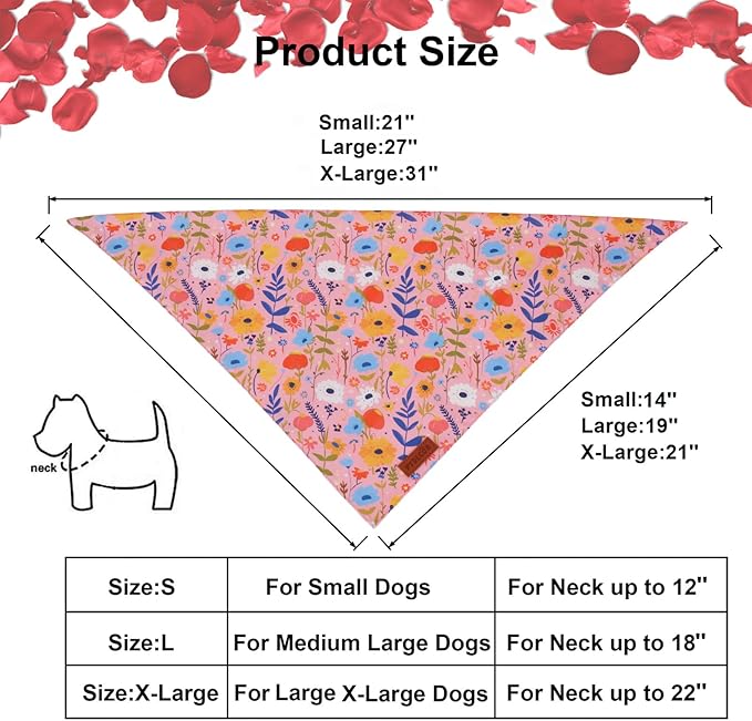 PTDECOR Spring Floral Dog Bandana, Pink Flower Pet Scarf, Premium Durable Fabric, Adjustable Cute Flower Bandanas for Extra Large Dogs (X-Large)