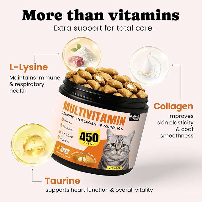 Cat Multivitamin Treats with L-Lysine & Taurine – Daily Nutritional Chews with 12 Vitamins & 5 Minerals for Indoor & Senior Cats – Crunchy, Creamy Bites – 450 Count