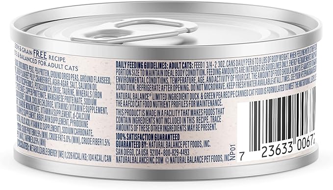 Natural Balance Limited Ingredient Reserve Duck & Green Pea Recipe Soft Pate Wet Digestion Cat Food for Sensitive Stomach, 3 oz. (Pack of 24)