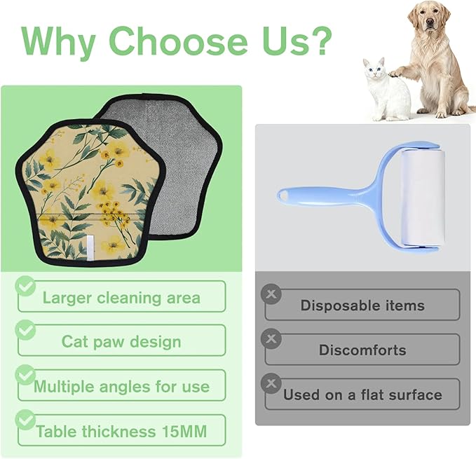 Yellow Flowers Leaves Electrostatic Pet Hair Removal Glove for Cats & Dogs - Reusable Grooming Mitt for Couch, Carpet, Car Seat & Laundry - Large 9x9 Inch