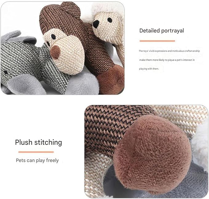 Linen Safari Companions, Squeaky Dog Chew Animals, Strudy Linen Fabric, Relieve Boredom and Anxiety in Dogs (Dog +Monkey)