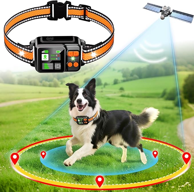 GPS Wireless Dog Fence System, Electric Dog Fence Using GPS Electric Satellite Technology, IPX7 Waterproof Rechargeable Design, GPS Dog Collar has 2 Modes Circular and Free-Form Fence