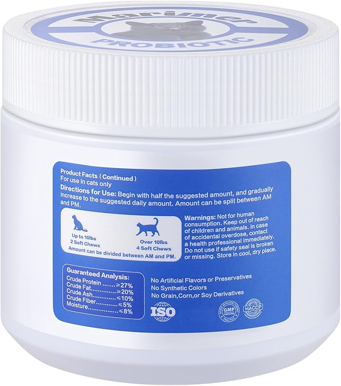 Probiotic Chews for Cats – 500 Million CFU Probiotics with Enzymes, Pumpkin, Papaya & Cranberry – Digestive & Immune Support Soft Chews – Chicken Flavor – 100 Count