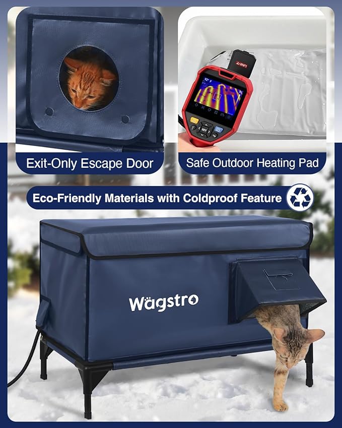 Ex-Large Heated Cat House for Outside in Winter, 100% Waterproof, Escape Door, 6" Elevated, Weatherproof Insulated Outdoor Cat House Shelter with Heater for Stray Feral Cat (Dark Blue, 29"x17"x20")