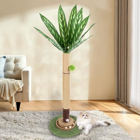 Cat Scratching Post, 35 Inch Tall Cat Scratcher Cat Tree Tower with Hanging Ball for Indoor Cats Adults,Peacock Plant Leaf,Sisal Rope Kitten Scratch with Interactive Mouse Cat Toy