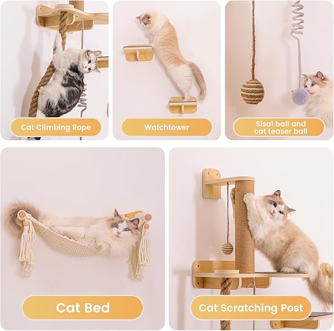 Cat Wall Shelves, Large Wall-Mounted 6-in-1 cat Furniture Set (Climbing Rope+Sisal Scratching Post+Macrame Resting Hammock+Interactive Toys Ball+Feeding Bowls Station+3 Wall Steps) for Indoor Kitties