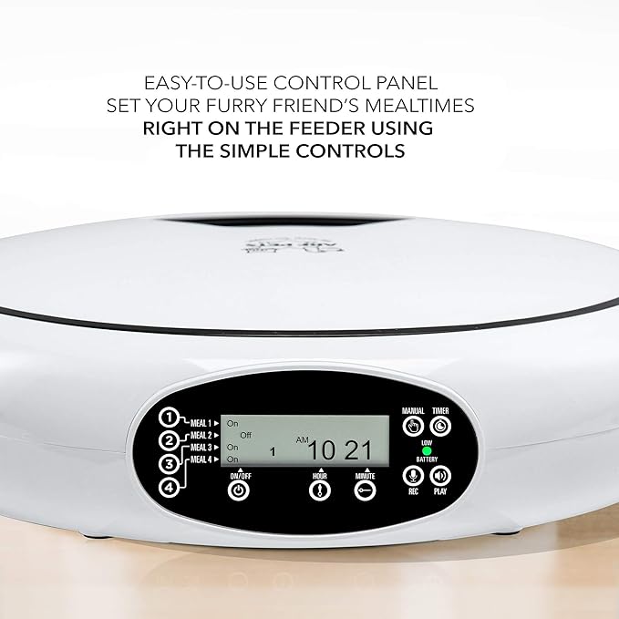 Arf Pets Automatic Pet Feeder, 5 Meal Food Dispenser for Dogs, Cats & Small Animals w/Programmable Timer, Dishwasher-Safe Tray Feeds Wet or Dry Food - (Serves 4 Meals Per Day) Adopter Included