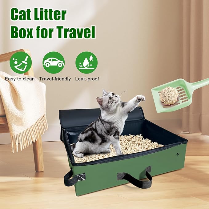 20x14x6.5 Inches, Large Portable Cat Travel Litter Box with Zipped Lid & 10 Liners, Leak-Proof, Lightweight, Sturdy & Waterproof and Foldable Travel Cat Litter Box for Hotels, Car, & Camping