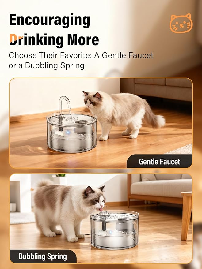 Cat Water Fountain, 74oz/2.2L All Glass Automatic Water Fountain with Ultra-Quiet Auto Shut-Off Pump, Easy to Clean Pet Water Dispenser for Cats, Kittens (with 8 Filters)