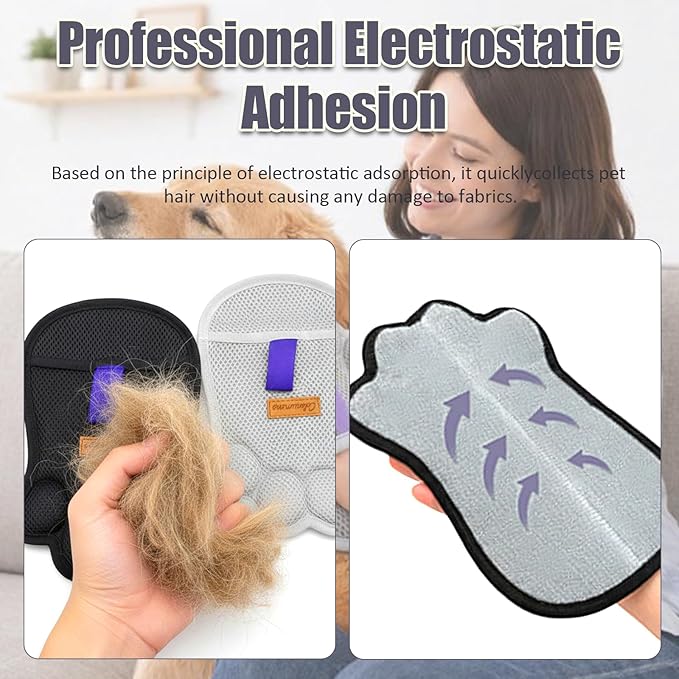 2PCS Paw Shape Pet Hair Removal Glove for Dogs & Cats, Reusable Electrostatic Lint Remover Brush for Couch, Carpet, Clothing, Bed, Car Seat, Upgraded Design（Gray）