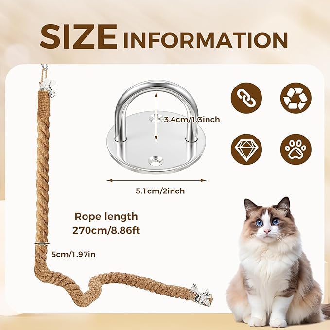 Weysat 1.97'' x 8.9 ft Cat Climbing Jute Rope with Hook Ceiling Wall Mounted Kitten Scratching Post Climbing Rope Toy for Indoor Outdoor Cats