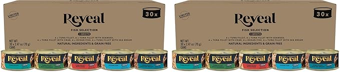 Reveal Natural Wet Canned Cat Food, 5-Flavor Variety Pack, Limited Ingredient, Grain Free, High Protein with No Artificial Additives, Fish Variety in Broth (20 x 2.47 oz Cans) (Pack of 2)