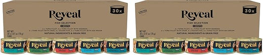 Reveal Natural Wet Canned Cat Food, 5-Flavor Variety Pack, Limited Ingredient, Grain Free, High Protein with No Artificial Additives, Fish Variety in Broth (20 x 2.47 oz Cans) (Pack of 2)