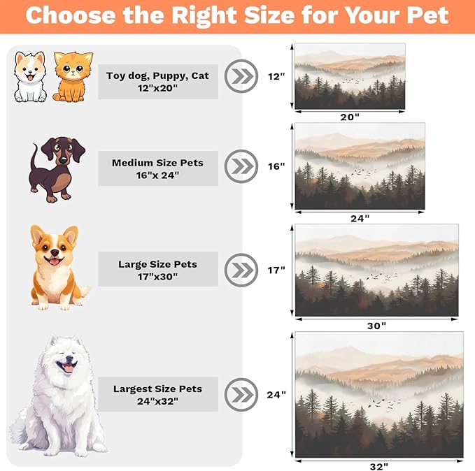 Misty Forest Dog Food Mat for Floors Absorbent, Quick Dry Water Dispenser Mat for Food, Water, Pet Supplies 16" x 24", Mountains Bird