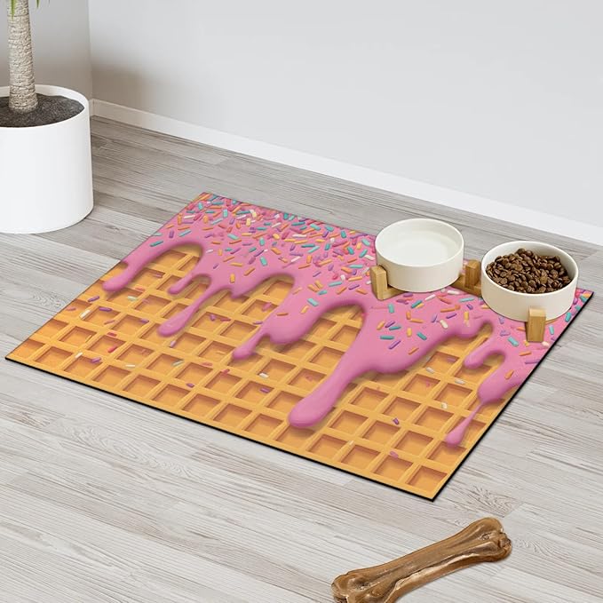 Ice Cream Dog Food Mat for Floors Absorbent Dog Bowl Mat for Food and Water Dispenser Quick Dry Cat Food Placemat Pet Supplies 12" x 20", Waffle