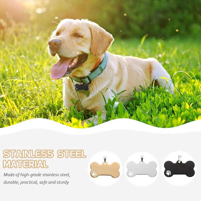 3pcs Dog Bone Shape Pet Id Tags Set, Engraved Anti-Lost Blank Dog Name Tags Pendant for Collars, Silver Black Gold Metal Hanging Pet Supplies