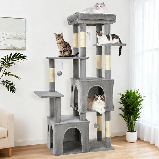 GarveeLife 61" Multi-Level Cat Tree for Indoor Cats, Heavy-Duty Tower for Large Adult & Maine Coon Cats with Oversized Perch, Dual Condos, Natural Sisal Scratching Posts & Play Toys – Light Gray