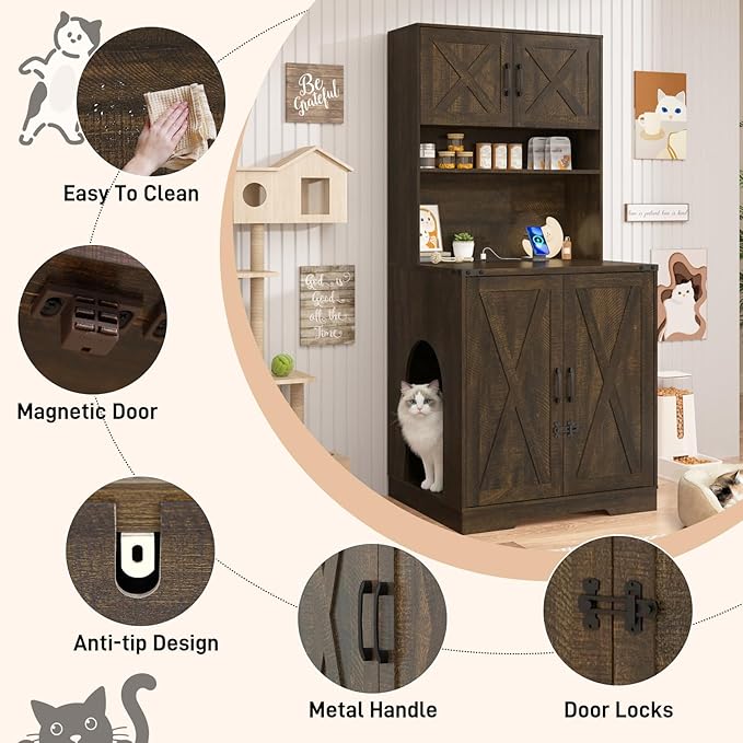 71Inches Tall Cat Litter Box Enclosure for Cats W/Power Outlets,Open Shelves.Wooden Pet Washroom Furniture W/Locks,Cabinet.White Indoor Cats House,Hidden Cat Litter Box for Living Room,Bedroom