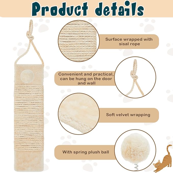 2 Pcs Cat Scratcher Door Hanging, 19.3 x 5.5inch Cat Scratching Post Wall Mounted, Natural Sisal Scratching Pad Surface with Ball Toy for Indoor Cats Kitty