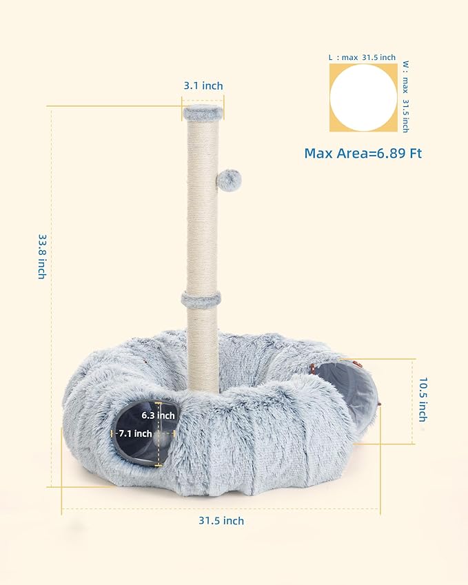3-in-1 Cat Toys, 34'' Tall Cat Scratching Post with Donut Tunnel, Fluffy Plush Peekaboo Cave for Indoor Pets Such as Kittens, Puppies, Rabbits, and Ferrets