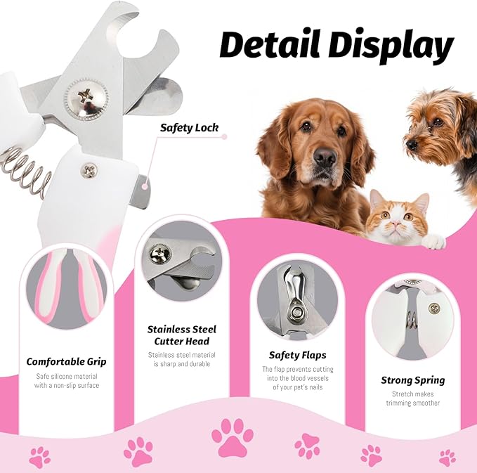 Pet Nail Clippers & Trimmers for Dogs & Cats - with Safety Guard & Free Nail File - Professional Pet Grooming Tool (Pink, Large)
