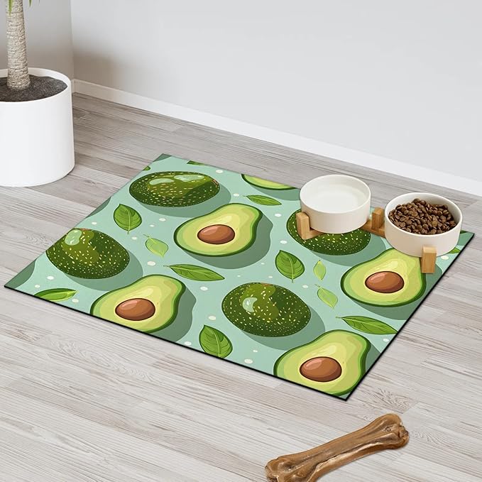 Avocado Dog Food Mat for Floors Absorbent Dog Bowl Mat for Food and Water Dispenser Quick Dry Cat Food Placemat Pet Supplies 17" x 30", Green Fruit