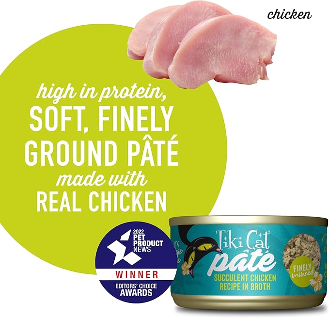 Tiki Cat Luau Pâté, Succulent Chicken Recipe in Broth, Grain-Free Balanced Nutrition Wet Canned Cat Food, for All Life Stages, 2.8 oz. Cans (Pack of 12)