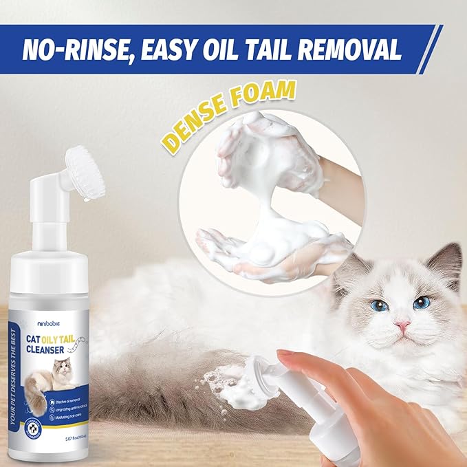 Cat Oily Tail Cleanser, 2-in-1 Wash and Brush,Removes Oil & Grease and Dandruff, PH Balanced,Degrease Cat Shampoo,Ideal for Cats with Oily Tails 5.07fl.oz
