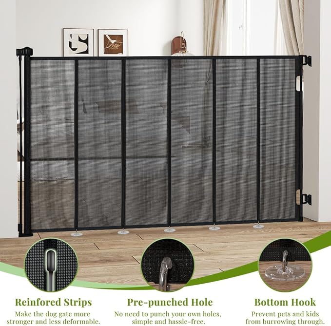 47" Extra Tall Retractable Baby Gates, Extends to 71" Wide, ExtraTall Retractable Safety Gate with Reinforced Strips, Retractable Tall Dog Gates for Doorways Mesh Baby Pet Gates Indoor, Black