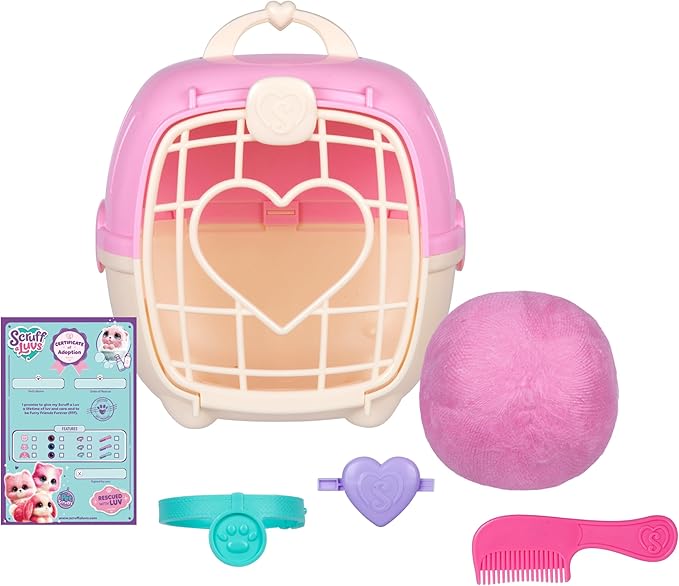 SCRUFFALUVS Pink Surprise Pet, Mystery Plush Toys, Stuffed Animals, Wash to Reveal 1 of 3 Rescue Surprise Toy Pets: Puppy, Bunny, or Kitty - Includes 8.7" Deluxe Carrier - Styles May Vary