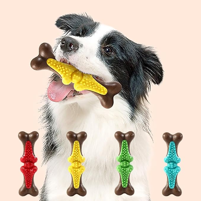 𝐷𝑢𝑟𝑎𝑏𝑙𝑒 Dog Chew Toys for Large Aggressive Chewers Indestructible Bone-Shaped Dental Chew TPR Rubber with Wood Fiber Core Teething Teeth Cleaning Long-Lasting Interactive Pet Supplies