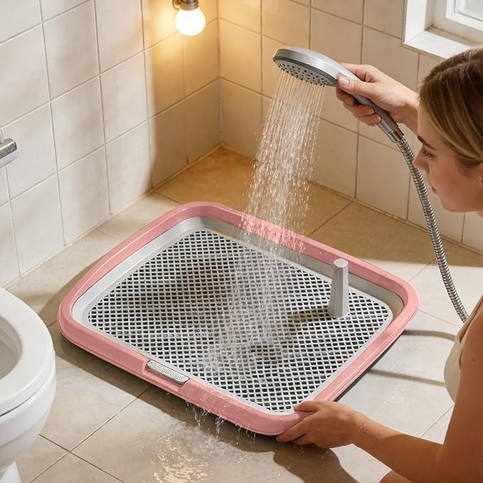 Dog Potty Tray with Guide Pillar, Indoor Pet Pee Pad Holder Duty, Removable Washable Puppy Training Toilet for Housebreaking Supplies Small Medium Dogs (Pink-L)