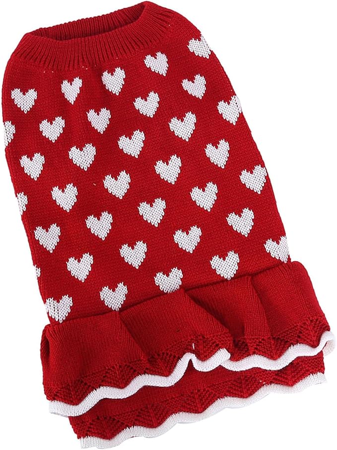 Lovely Heart Pattern Designs Dog Sweater Dress for Valentines Day Small Pet Winter Knitwear Birthday Gift Supply Knitdress