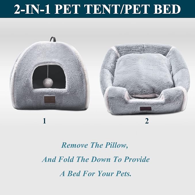 Cat Bed for Indoor Cats - Cat Cave Bed Cat House Cat Tent with Removable Washable Cushioned Pillow, Soft and Self Warming Kitten beds, Pet Bed（Large Grey）
