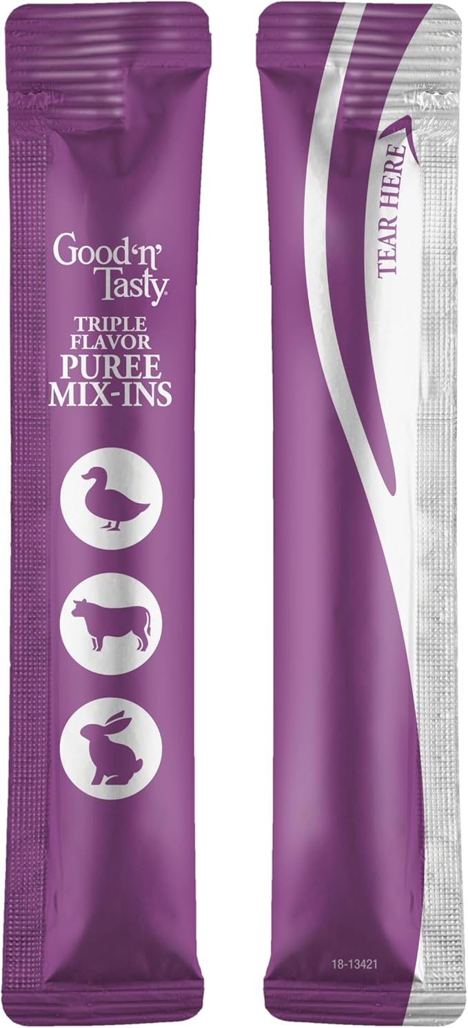 Good 'n' Tasty Triple Flavor Puree Mix-Ins Dog Food Topper Treats for All Dogs, 7 Count, Easy Single-Serve Portions, Added Protein with Duck, Beef and Rabbit, No Chicken Added