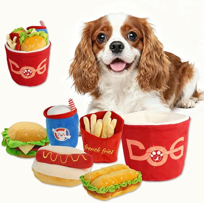 6-Pack Crinkle Squeaky Dog Toys for Aggressive Chewers Fast Food Plush Chew Toys Pet Set: Hide Seek Bucket, Chicken Hamburg, Fries, Cola, Hot Dog Durable Stuffed Dog Toys for Medium Small Breeds Puppy