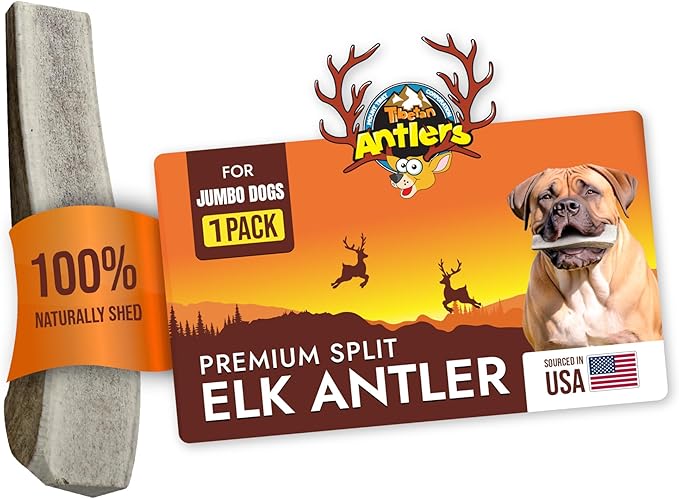 Tibetan Elk Antler for Jumbo Dogs, Grade-A, Premium Chews, Naturally shed Healthy & Longer Lasting Aggressive chewers, USA Product Antler (Split)